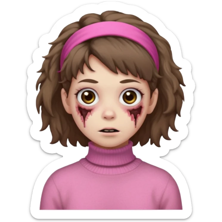 brown fluffy haired zombie with pink turtleneck sweater and hair band sticker