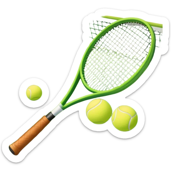 A tennis racket and ball positioned on a grass court, with the net and lines clearly visible in the background. The scene emphasizes the classic elements of the sport, capturing the energy and precision of a tennis match. sticker