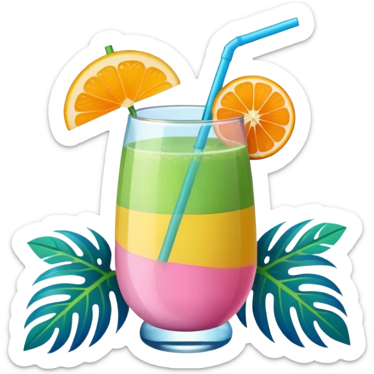tropical greeni pink and blue mimosa with straw and orange on the side of the top sticker