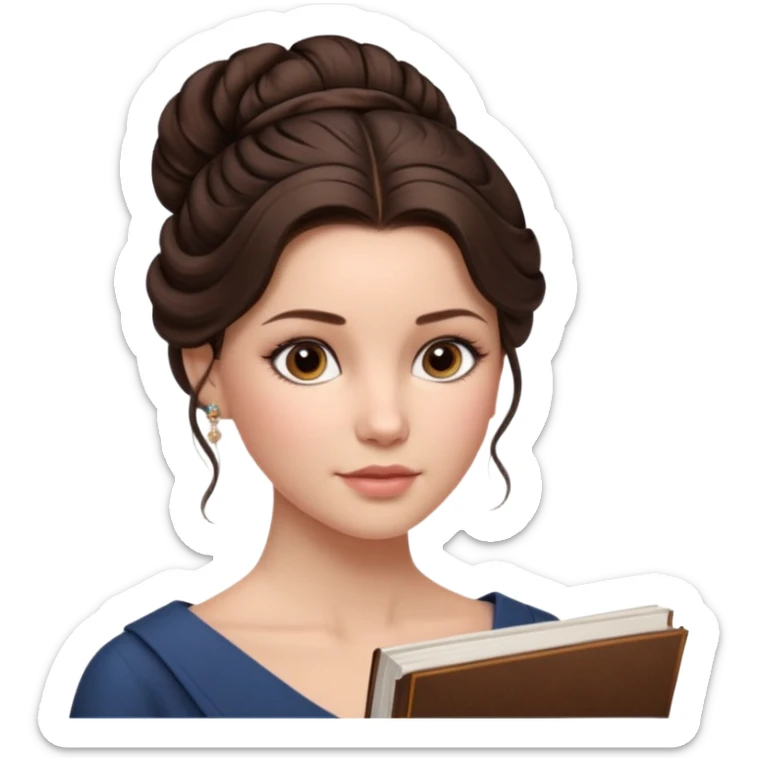 Cinematic Realistic Journal Portrait, depicted with lifelike skin texture, subtle rosy undertones, and soft natural lighting that enhances the gentle contours of her face. Her intricately detailed brunette hair is elegantly styled in an updo, sticker