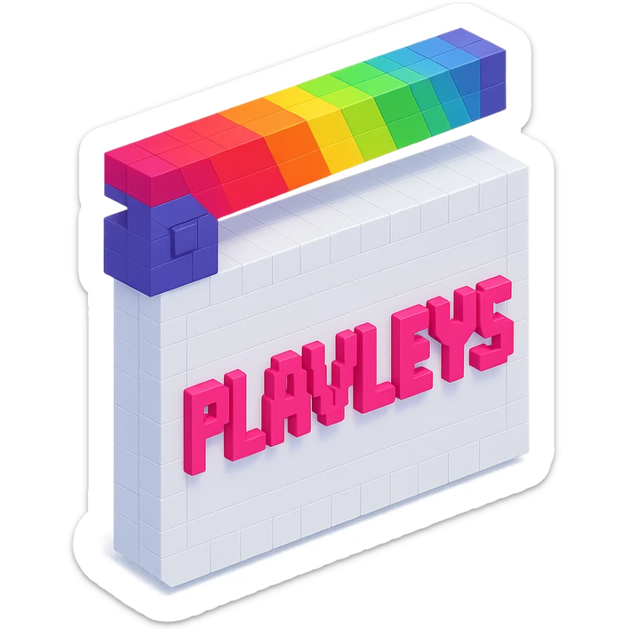 voxel style movie clapperboard, white body, colorful lid, pink text 'PLAVLEYS', isometric view sticker