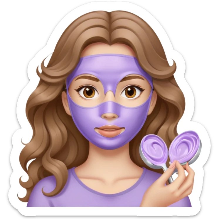girl with long wavy light brown hair applying lilac face mask skincare sticker