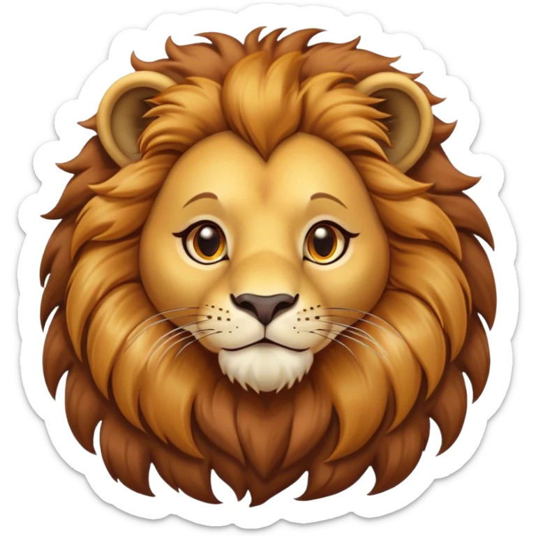 Cinematic Cute Lion Portrait Emoji, Head tilted playfully and inquisitively, featuring a glossy tawny Fur with a lush mane and round, sparkling amber eyes filled with curious mischief, Simplified yet irresistibly adorable features, highly detailed, glowing with a warm, friendly glow, high shine, affectionate and spirited, stylized with a touch of jungle whimsy, bright and endearing, soft glowing outline, capturing the essence of a mischievous yet loving lion, so playful it feels like it could pounce out of the screen and into your arms! sticker