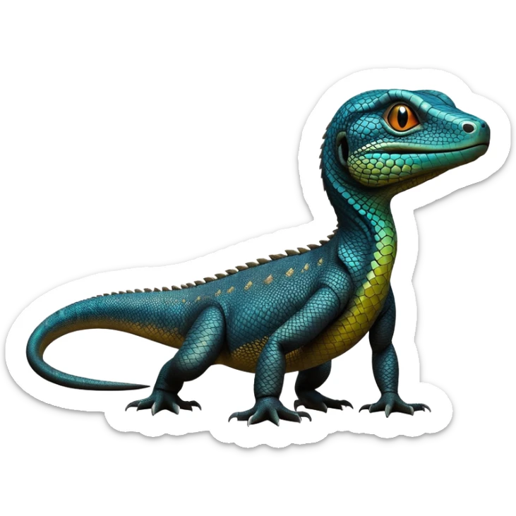 cinematic-monitor-lizard-realistic-full-body-standing on all fours-emoji,-long-powerful-tail-dragging-slightly-behind,-sleek-scaled-body-textured-with-rich-patterns,-head-tilted-dramatically,-dark-intense-eyes-observing-its-surroundings,-simplified-yet-realistic-focused-features,-highly-detailed,-glowing-with-an-almost-sarcastic-glow sticker