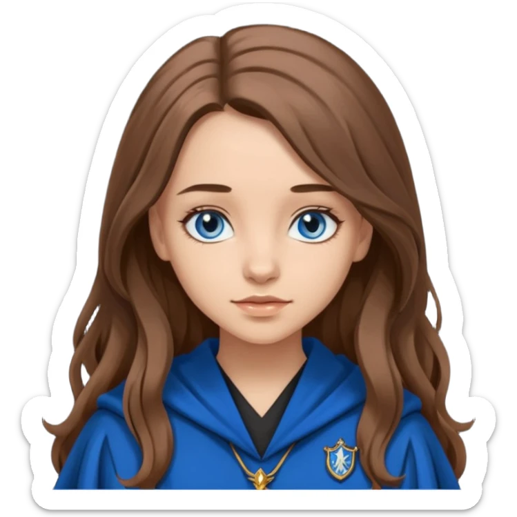 gorgeous Girl with light skin, blue eyes, long brown hair, wears ravenclaw black and blue robes  sticker