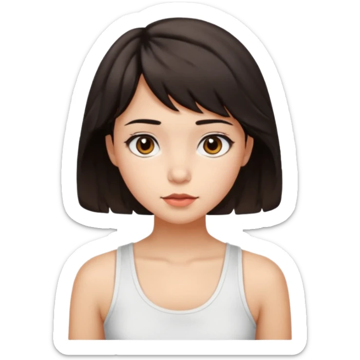 A pretty girl with dark brown eyes and short wavy dark hair with short side bangs and a neutral expression, with chinita skin and a white tank top(not sleeveless)emoji sticker