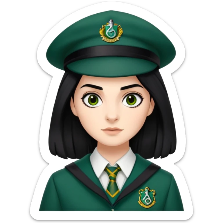 genevieve gaunt is Pansy Parkinson in harry potter, wear hogwarts slytherin uniform, black hair, not wearing hat sticker