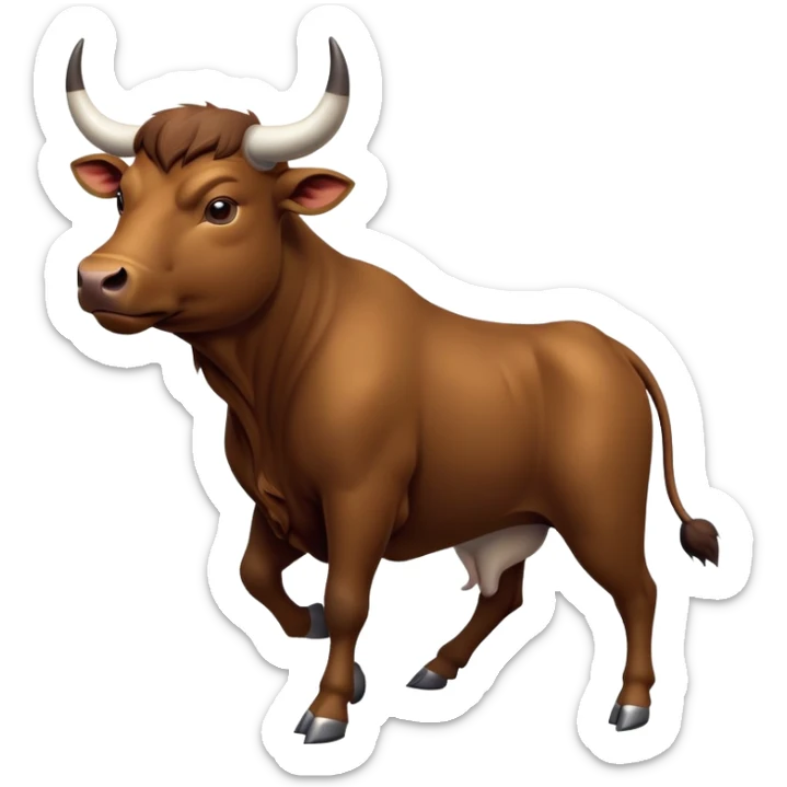 cinematic-[brown bull]-realistic-full-body-standing-emoji,-tail-flicking-lazily,-head-tilted-dramatically,-sleek-[brown]-fur,-simplified-yet-realistic-focused-features,-highly-detailed,-glowing-with-an-almost-sarcastic-glow sticker