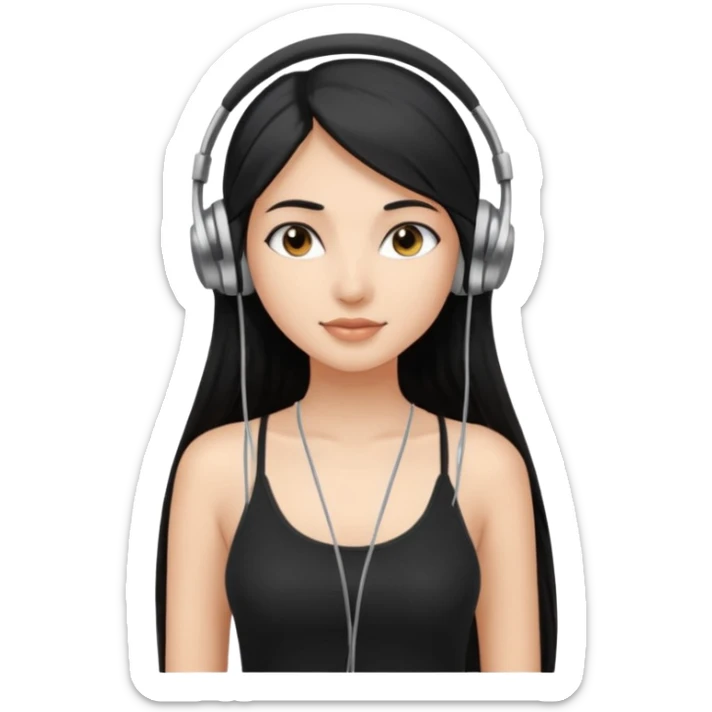 a fair INDIAN girl with straight black long hair, wearing a black cami top. and wearing silver  headphones on sticker