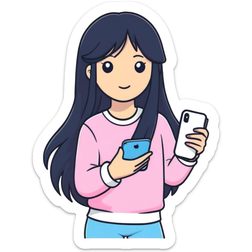 Girl with long black hair all in pink in her hand iPhone  sticker