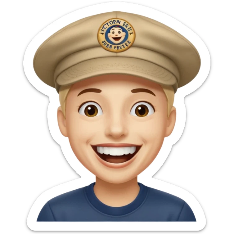Crea una persona con una gorra de marca riéndose y abajo diga victornext siempre para serviles sticker