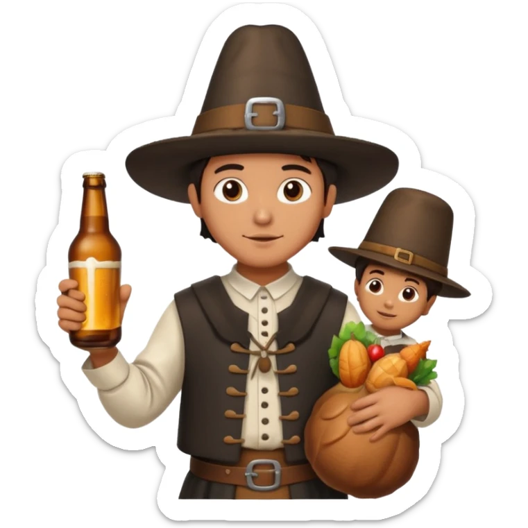 Mexican mandressesd as  pilgram Thanksgiving holding a Turkey drumstick and a bottle beer sticker