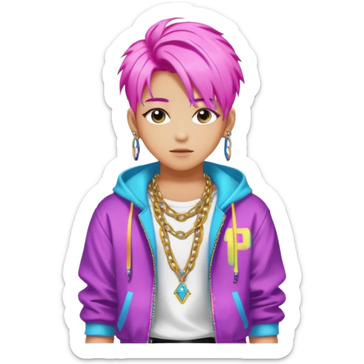 portrait of young idol in Kpop style, wearing flashy streetwear outfit, colorful dyed hair, confident pose, accessorized with chains  sticker