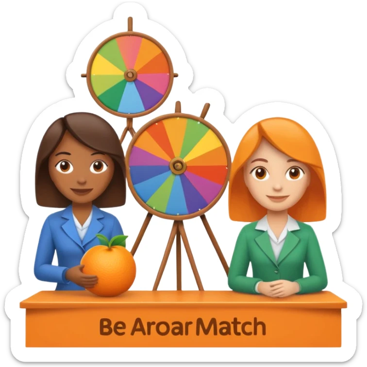 emoji of a recruitment booth. Two cartoon figures stand behind an orange table with 'MARROW, be a match' branding, a colorful spinning wheel, and a branded vertical banner. Simplified and cute. There should not be fruit in the picture.  sticker
