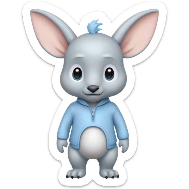 full body ...it has 1 eye....stands upright and looks intelligent ...wears clothing. is light grey and light blue..looks happy and cuddly... doesnt have eyes on face,remove the 2 eyes on face. . there is a appendage coming from top of head with a single large e sticker