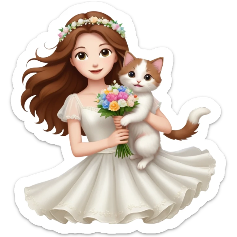 White woman - long hair - white wedding dress - holding a kitten - happy - jumping - fashionable - elegant - bouquet - dreamy - colorful - pearl accessories sticker