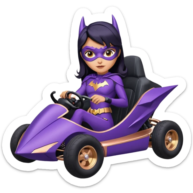 Hot full size real-appearance racing action BatGirl’s Lego feminine midnight-purple tight outfit sixty’s tv show 1992 stealthy retro sporty petite off-road pursuit hovering hover cruiser car rose gold accents (black hair,reclined and relaxed seating position) go kart sticker