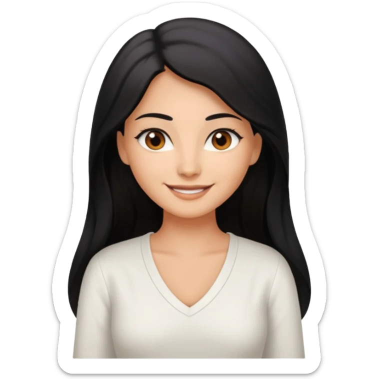 medium tan woman with long black hair past middle of back, round brwn eyes, white v neck blouse smiling. sticker