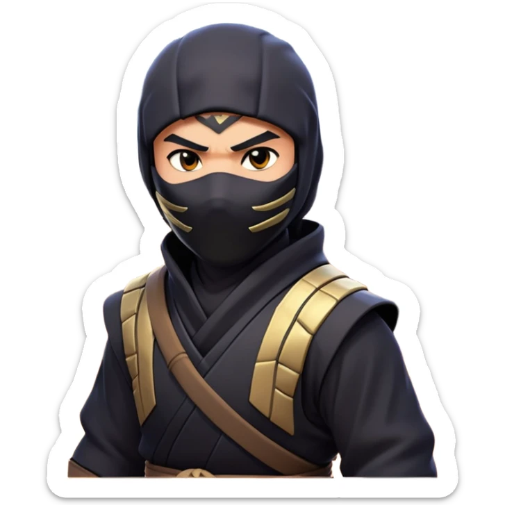 clash-of-clans-aesthetic_-cinematic-mysterious-male-ninja-portrait-emoji, rendered in a flat, vector-style with minimal shading and bold, simplified shapes, with a head slightly turned revealing intense, focused eyes, perched crouched next to an agile trained panther tiger with glossy fur moving silently through shadowed urban rooftops and moonlit alleyways. sticker