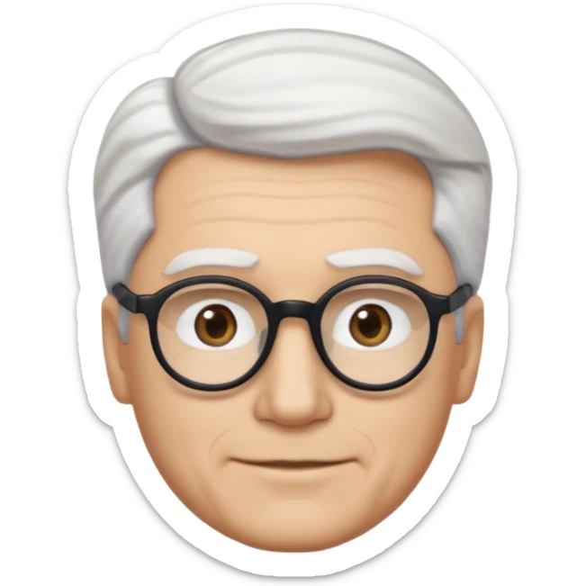 A man emoji with light skin, white hair styled in thick, swept-back waves, straight dark eyebrows, brown eyes behind black-framed glasses, an oval-shaped face, a small nose, and a subtle smile with no facial hair. sticker