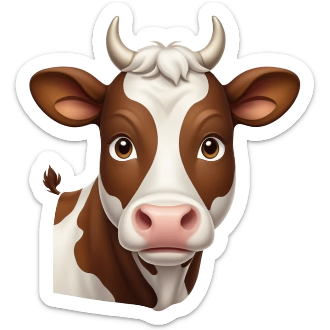 cinematic-noble-brown-and-white-cow-portrait-emoji,-poised-and-regal,-with-a-large,-sturdy-build-and-a-beautifully-patterned-hide-of-rich-brown-accented-by-crisp-white-patches,-deep-set-soulful-brown-eyes,-simplified-yet-sharp-and-sophisticated sticker