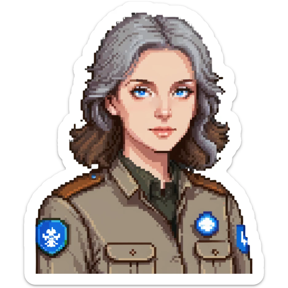 white woman park ranger with blue eyes and brown and gray hair sticker
