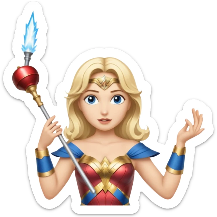 Blonde blue eyed Wonder Woman holding white orchestra conductor’s baton and bell sticker