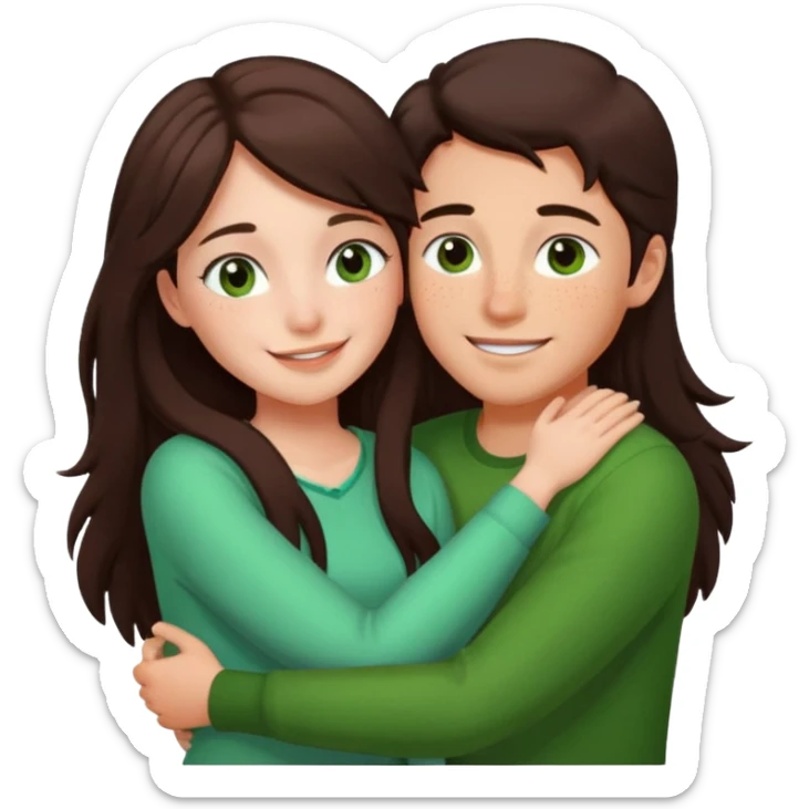 Girl and boy couple Both peach skin and darkish brown hair, give girl freckles HUGgING EMOJI, and give only the girl long hair and green brown eyes too sticker