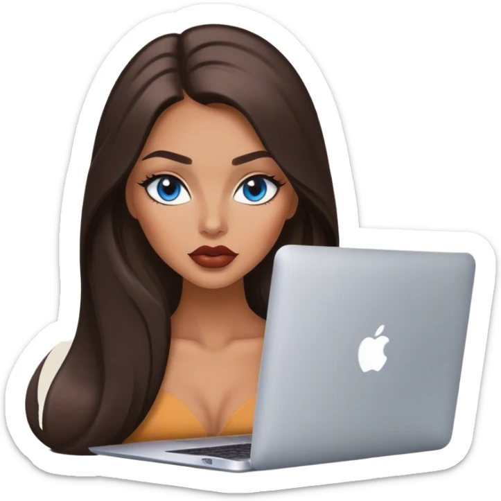Glamours tanned very beautiful girl with big pump lips and dark chocolate straight smooth long hair, blue-grey eyes with MacBook sticker