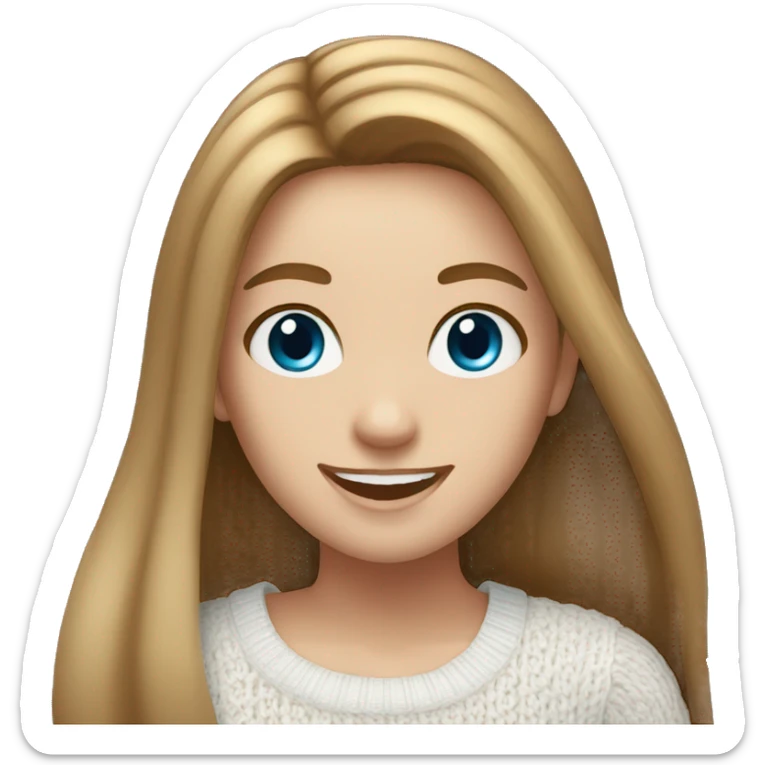 girl with long straight light-brown hair, blue eyes, wearing a white knitted top, ((cheerful, laugh)) sticker