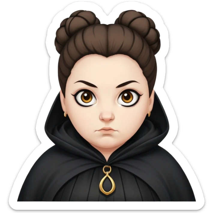 Alecto Carrow in harry potter, a woman fat, brown knot bun hair, look evil, black cloak sticker