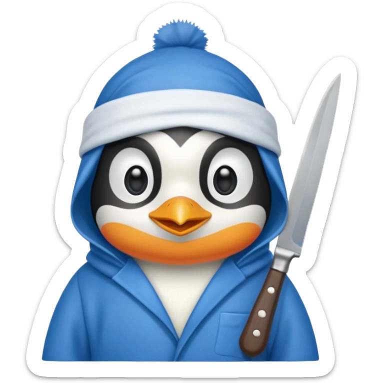 Cute and little penguin wearing a blue cloth in his head and holding a  knife  sticker