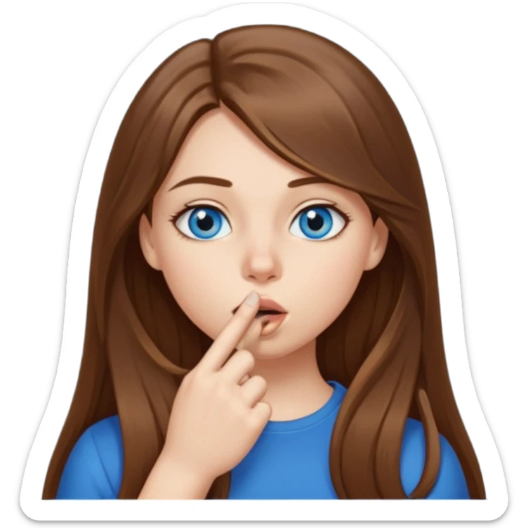 a girl with long hair, blue eyes telling to be quiet with the finger near her mouth sticker