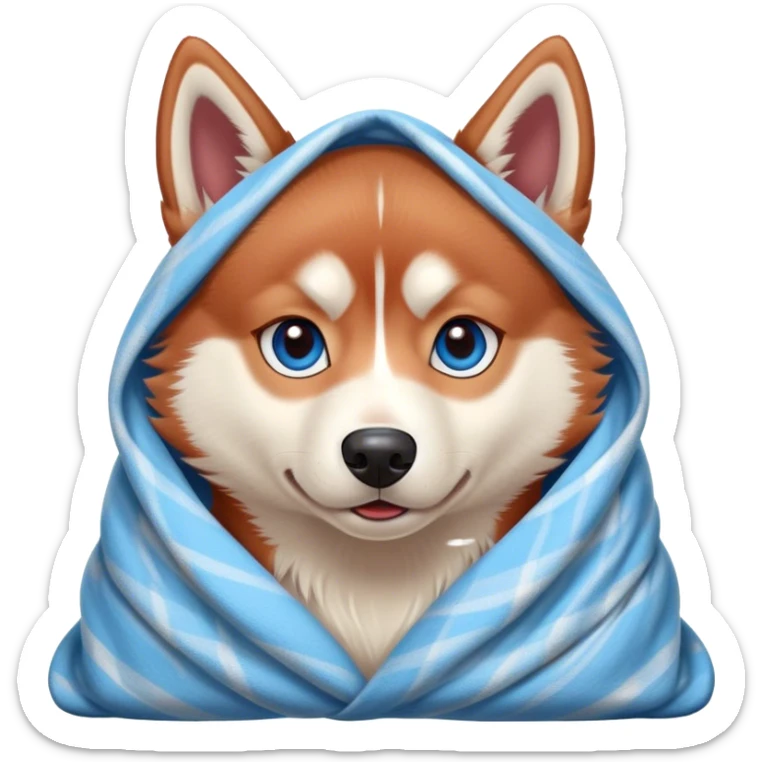cute, disney-style red siberian husky with blue eyes, wrapped in a blanket sticker