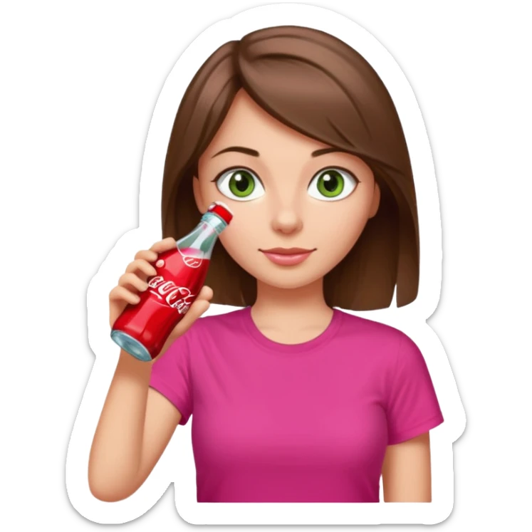 a girl with brown hair and greyish-green eyes wearing a hot pink tshirt, drinking a bottle of coca cola sticker