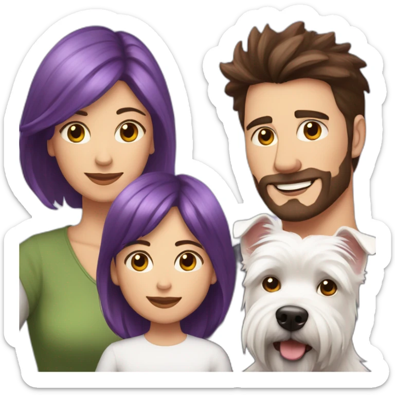 Family picture woman with purple hair, aduld son with dark brown hair and cute West Highland White Terrier sticker