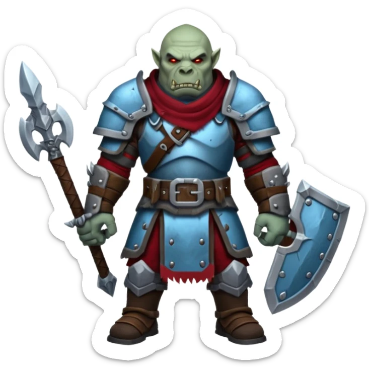 
Fantasy Christmas orc legion soldier icon, iron tundra army theme, heavy winter armor, disciplined brutal look, icy blue steel armor with deep crimson accents, frozen metal texture, cold winter atmosphere, male variant sticker