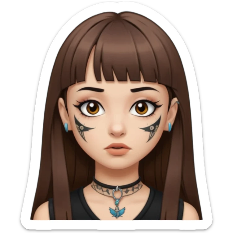 Alternative girl with long straight brown hair and micro bangs and a throat tattoo sticker
