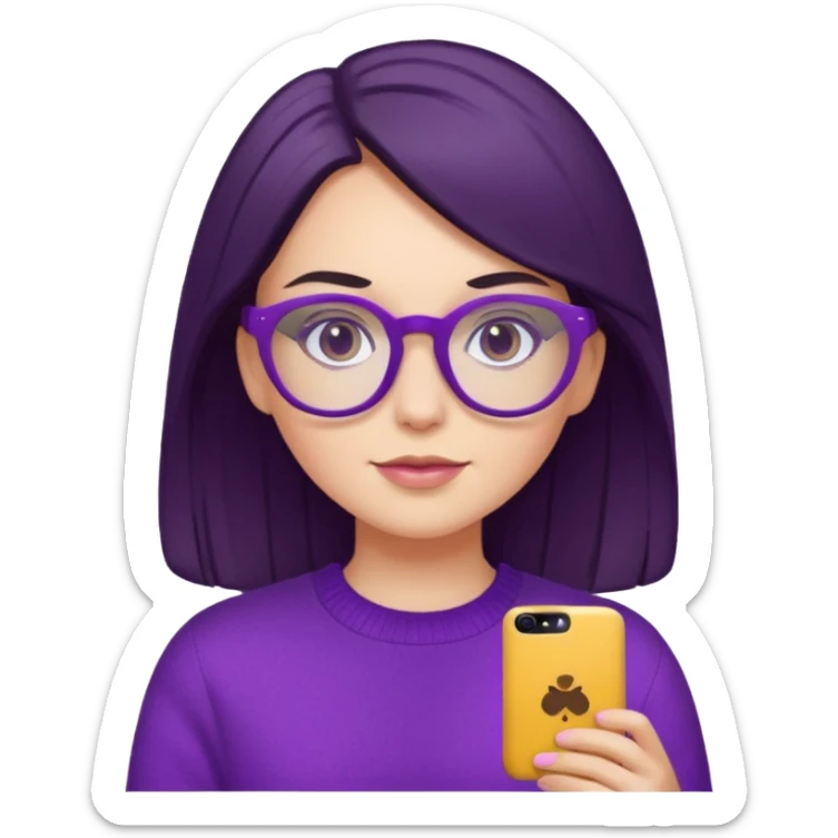 white girl with dark hair wearing purple sweater and purple glasses, portrait view sticker