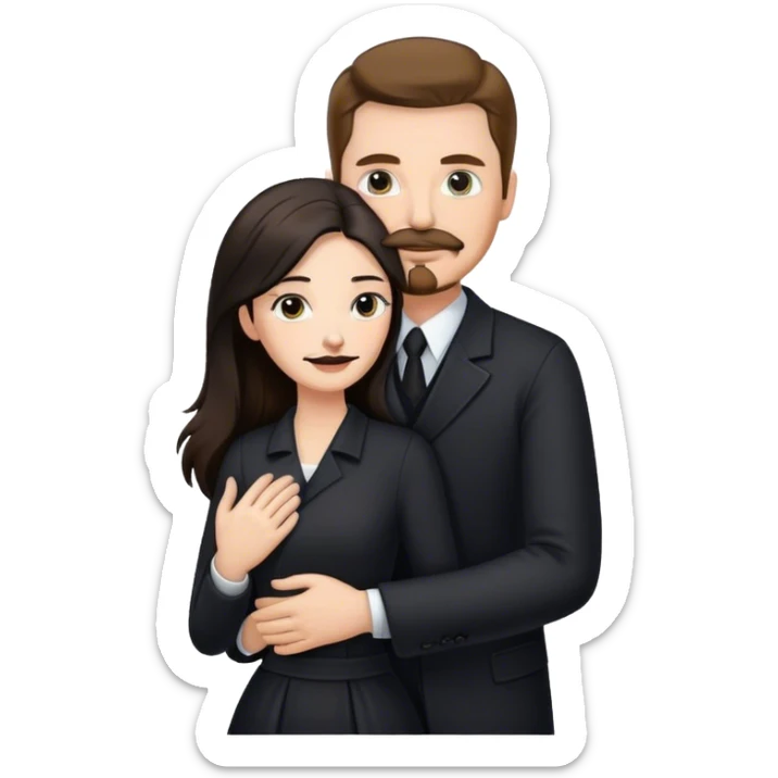 tall white man with brown hair goatee mustache hugging a pale woman with long black hair, wearing elegant clothing sticker