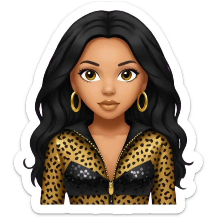 Kiely Williams from 3lw/Cheetah Girls with long jet black hair, black sequin outfit sticker