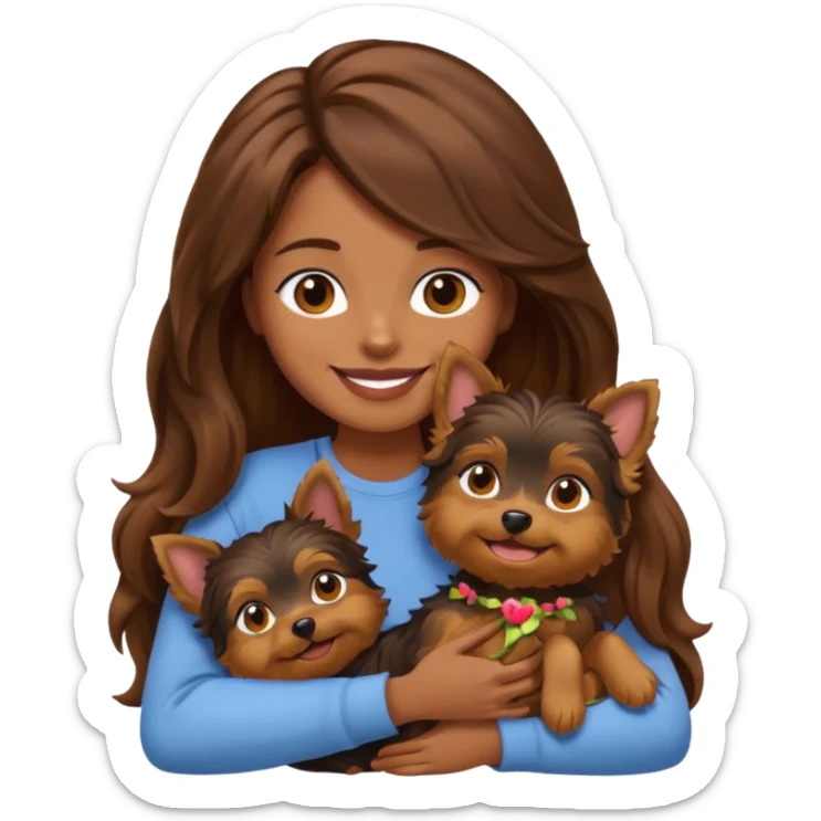 a woman with long wavy brown hair cuddling a Yorkshire Terrier, emoji style sticker