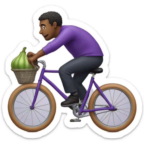 A man riding a bicycle but the bike is an eggplant  sticker