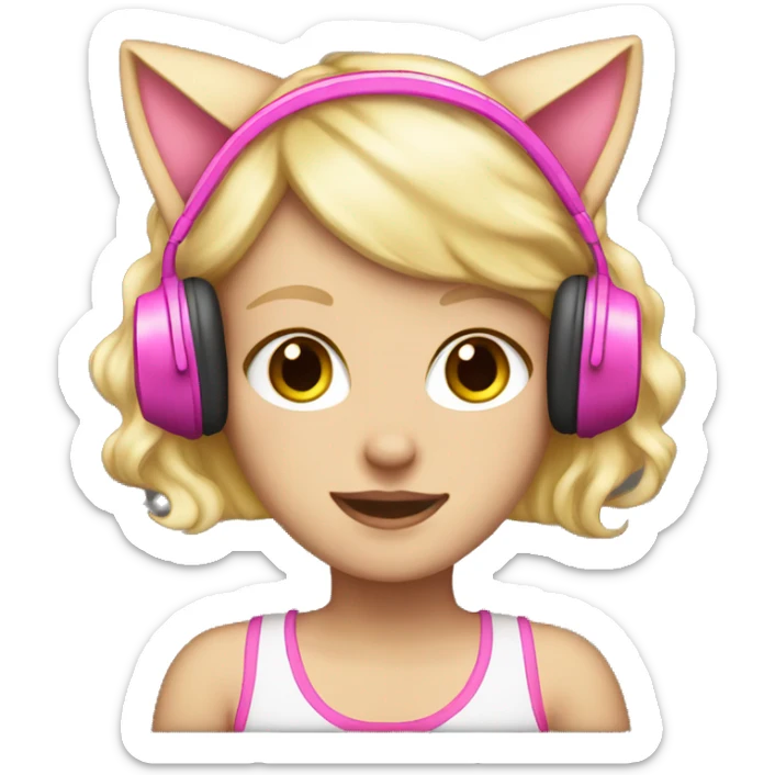 white girl with blonde hair wearing pink headphones that have cat ears sticker