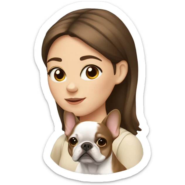 girl with brown hair and a beige French bulldog dog sticker