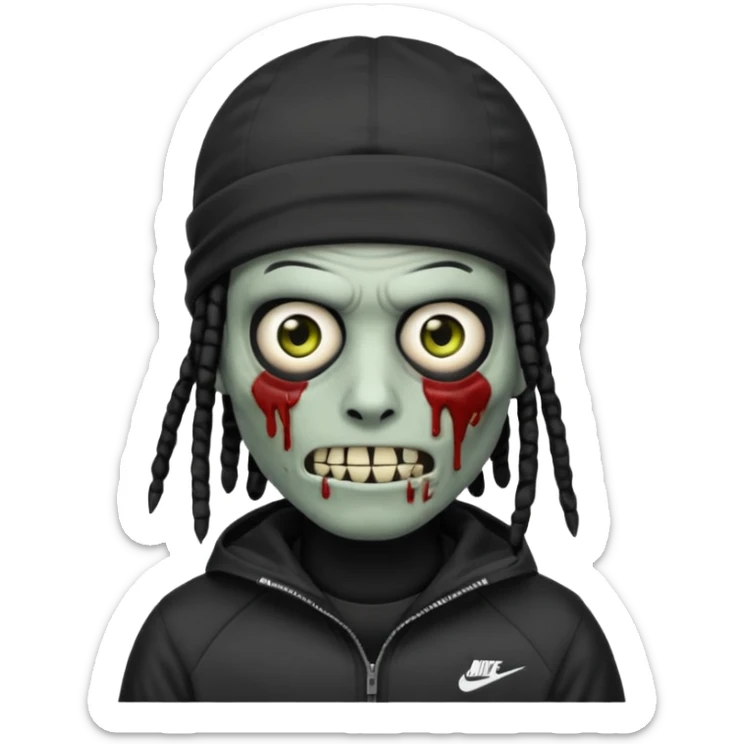 a zombie emoji with black dreads and a black nike jacket and black nike ski mask on his head sticker