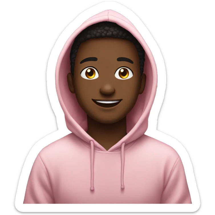 This person appears cheerful, wearing a light pink hoodie with an anime design on it, sitting outdoors at night with a pleasant background. sticker