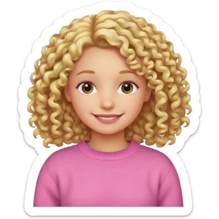 smiling girl with curly blond hair and a pink sweater sticker