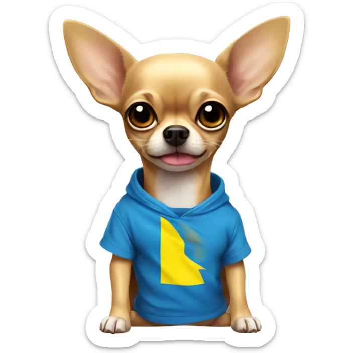 a small chihuahua in a huge t-shirt in the colors of the Ukrainian flag pressed its ears and shook with fear sticker