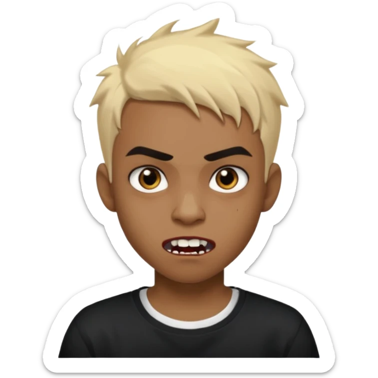 Black Male Teenager with Short punk messy blonde hair, Dark brown bushy eyebrows large expressive golden-brown eyes, wearing a plain white t-shirt, Dark Brown skin color. vampire tooth sticker